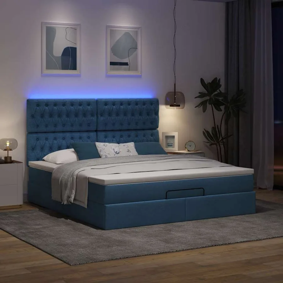 Cadre de lit ottoman avec matelas bleu 180x200 cm tissu - 3