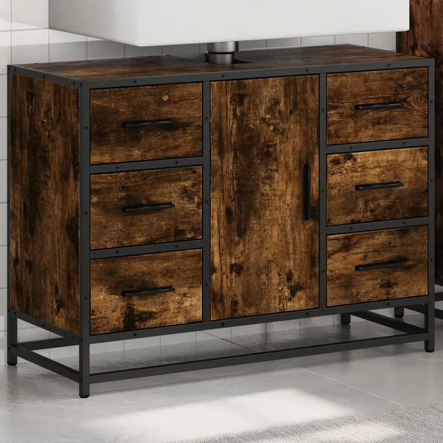 Armoire lavabo de salle de bain chêne fumé bois d'ingénierie - 3