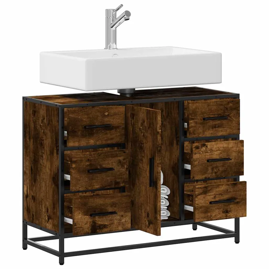 Armoire lavabo de salle de bain chêne fumé bois d'ingénierie - 4