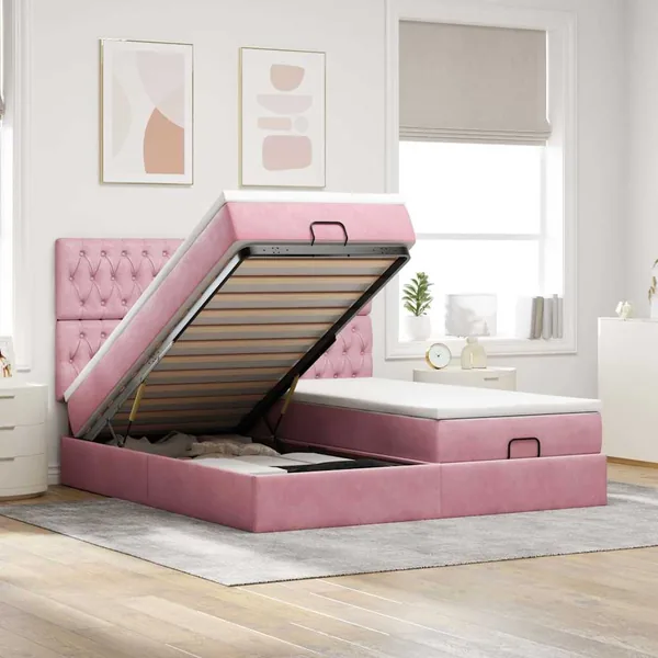 Cadre de lit ottoman avec matelas rose 160x200 cm velours