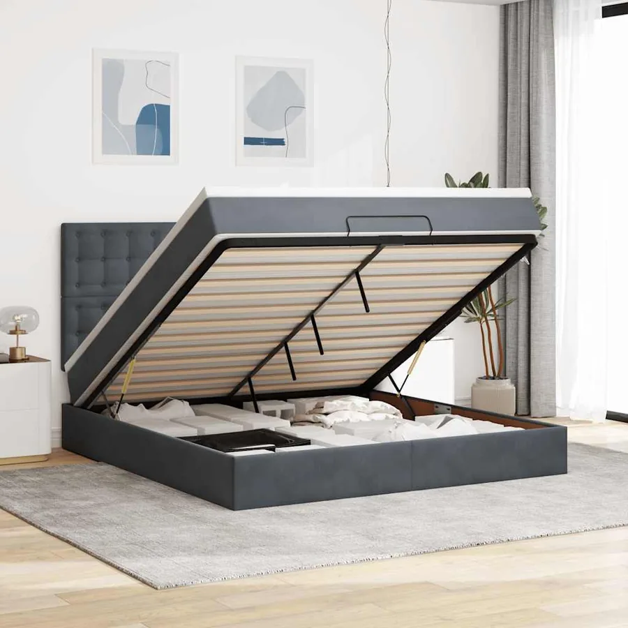 Cadre de lit ottoman avec matelas gris foncé 180x200cm velours