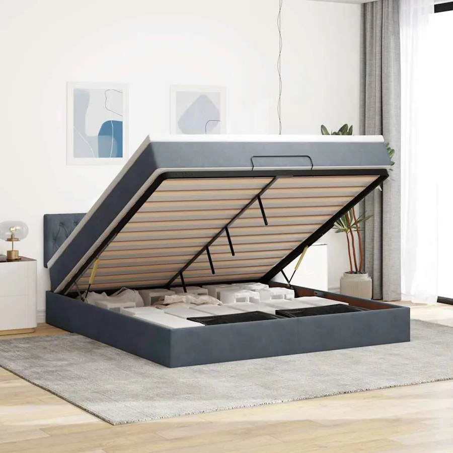 Cadre de lit ottoman avec matelas gris foncé 180x200 cm velours