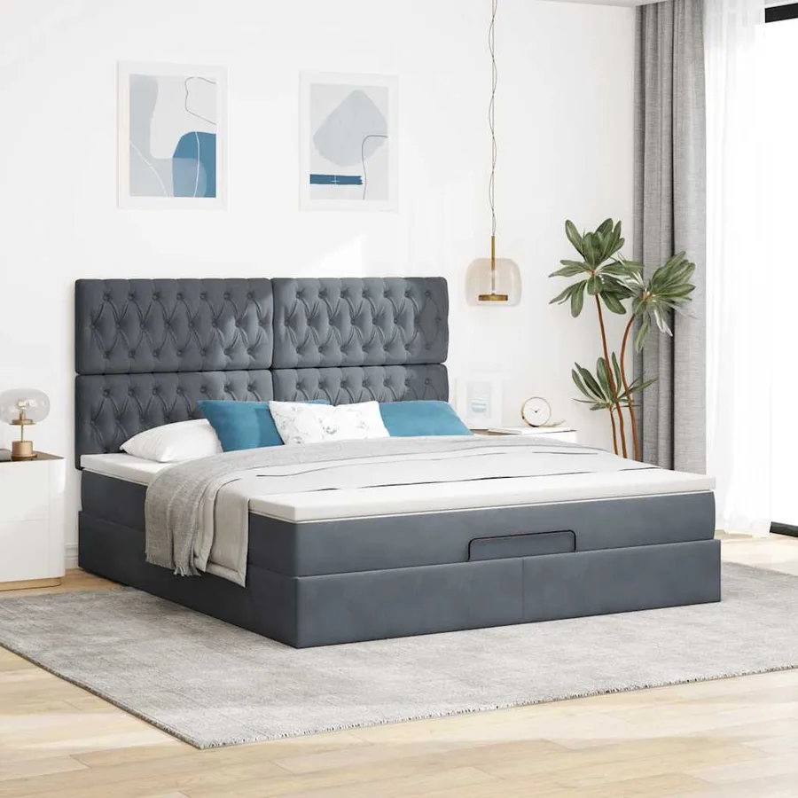 Cadre de lit ottoman avec matelas gris foncé 180x200cm velours - 4