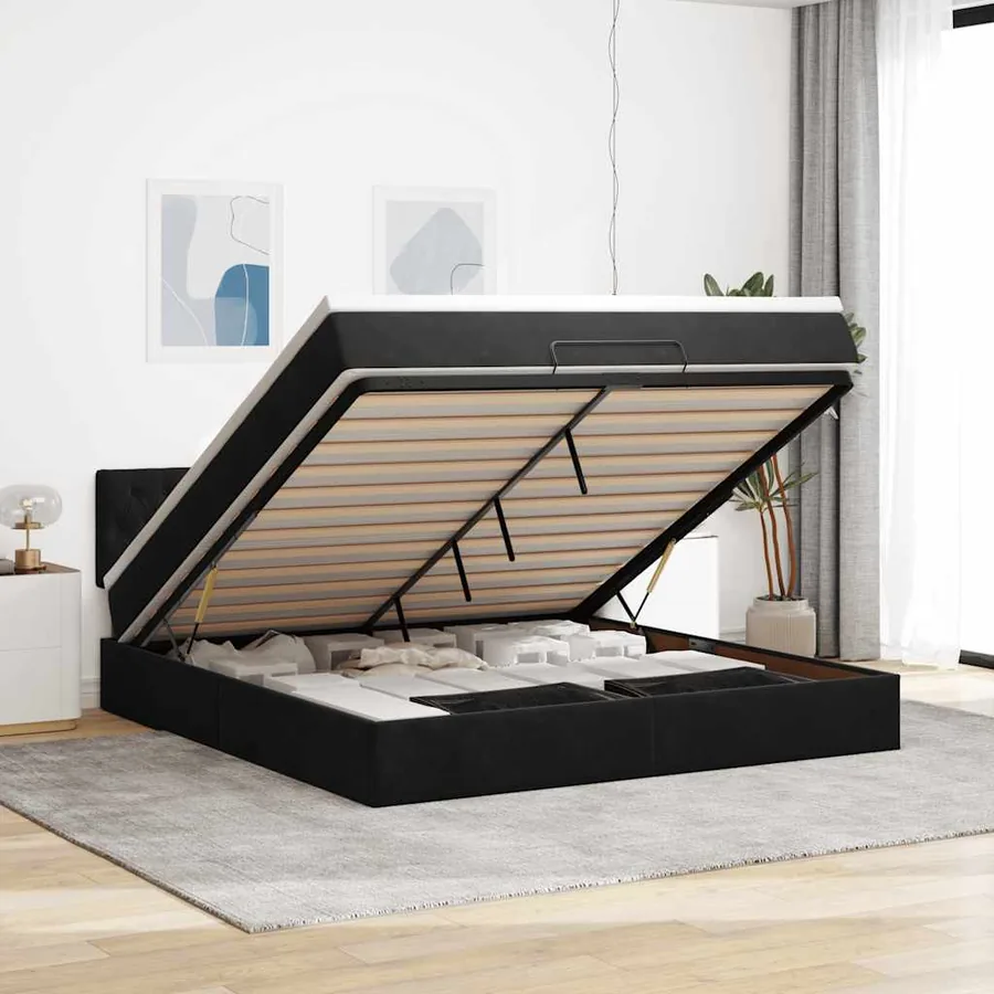 Cadre de lit ottoman avec matelas noir 180x200 cm velours
