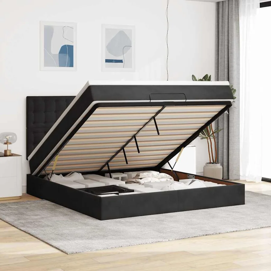 Cadre de lit ottoman avec matelas noir 180x200cm velours