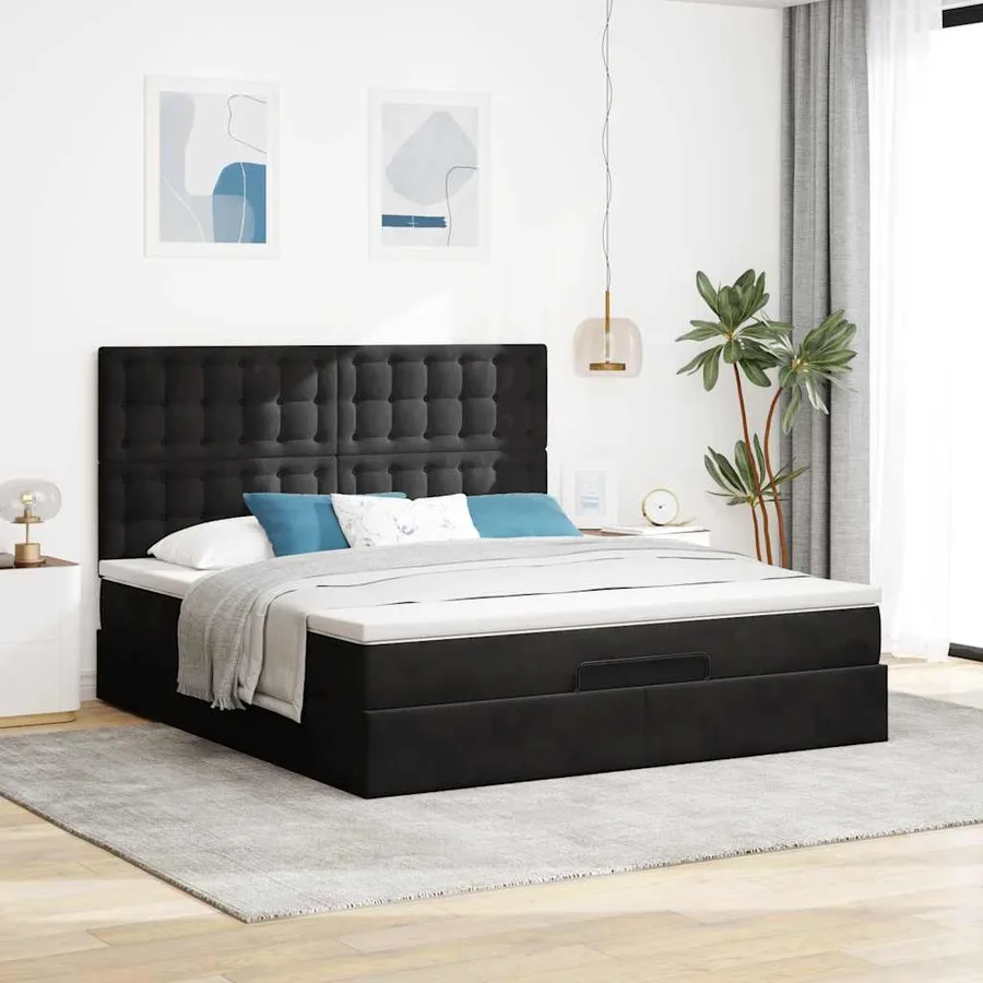Cadre de lit ottoman avec matelas noir 180x200cm velours - 4