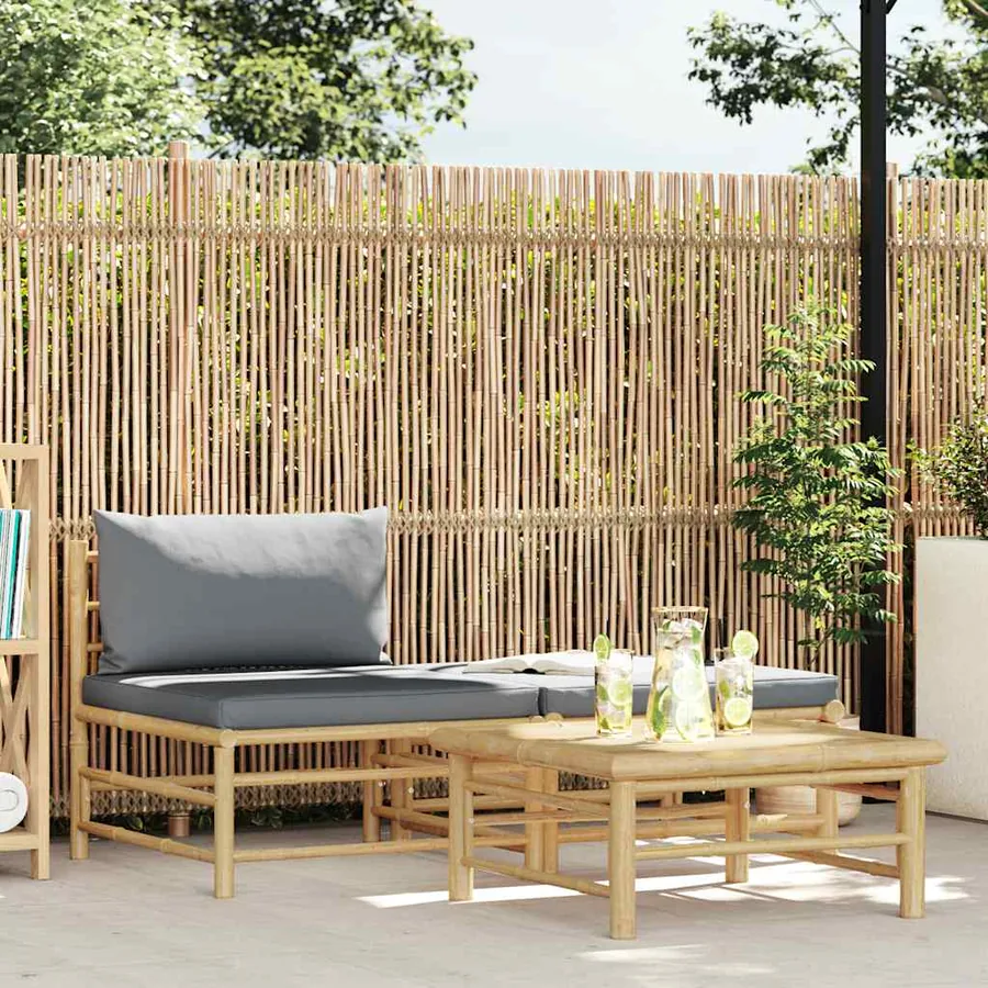 Salon de jardin 3 pcs avec coussins gris foncé Bambou