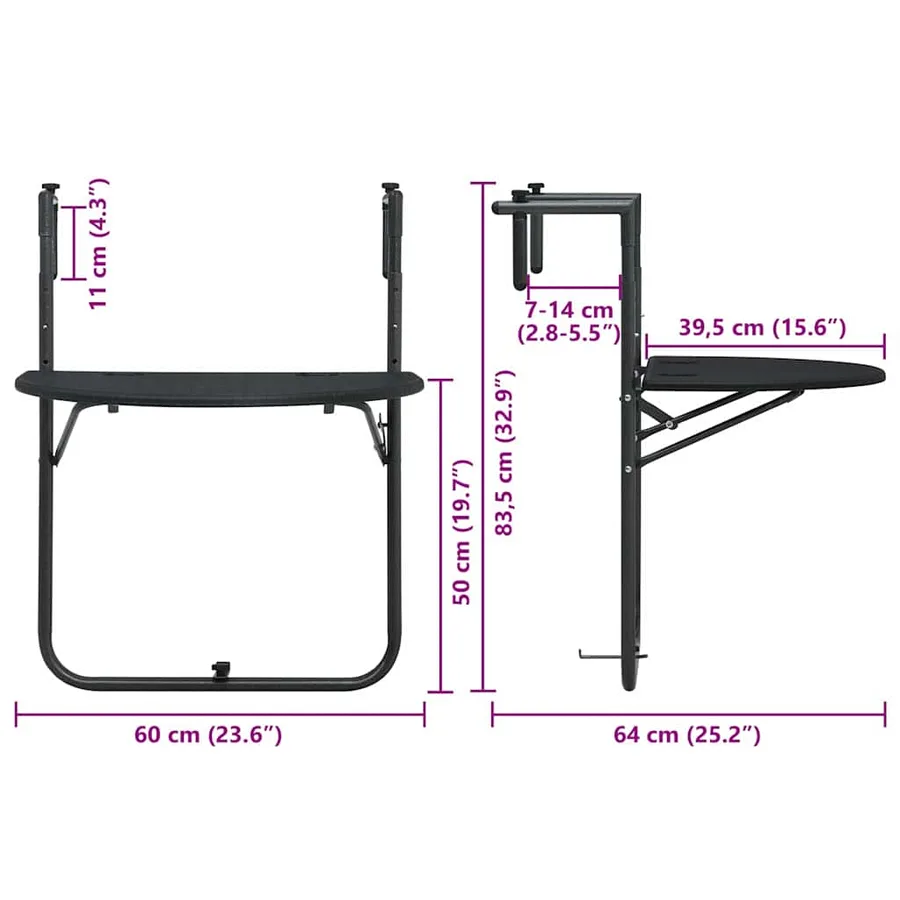 Table de balcon Noir 60x64x83,5 cm Plastique Aspect de rotin - 9