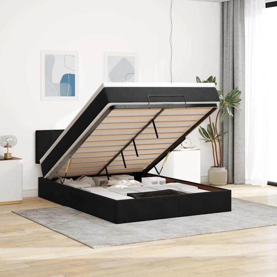 Cadre de lit ottoman avec matelas noir 140x200 cm velours