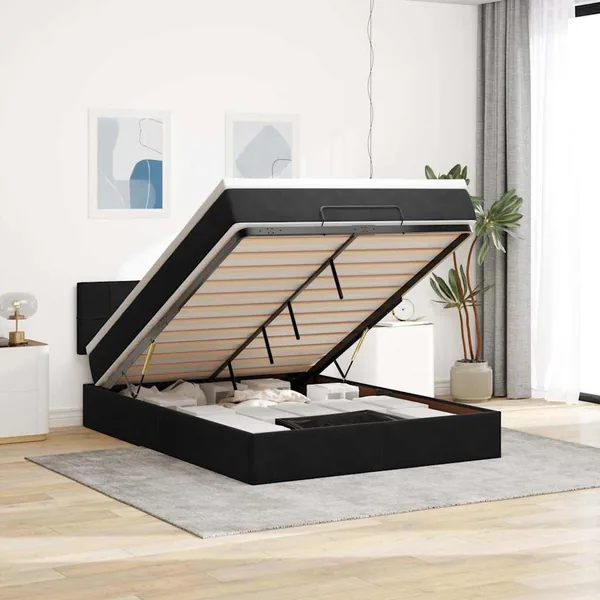 Cadre de lit ottoman avec matelas noir 140x200 cm velours