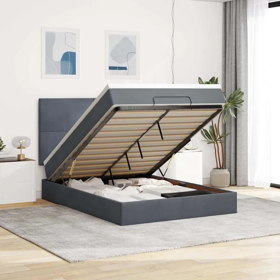 Cadre de lit ottoman avec matelas gris foncé 140x200 cm velours