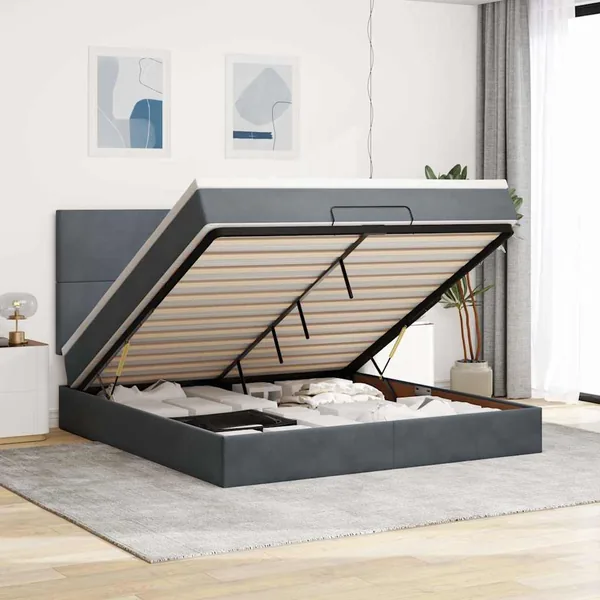 Cadre de lit ottoman avec matelas gris foncé 160x200cm velours