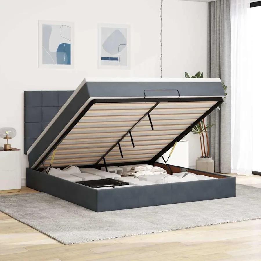 Cadre de lit ottoman avec matelas gris foncé 160x200cm velours