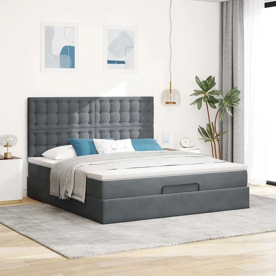 Cadre de lit ottoman avec matelas gris foncé 160x200cm velours - 3