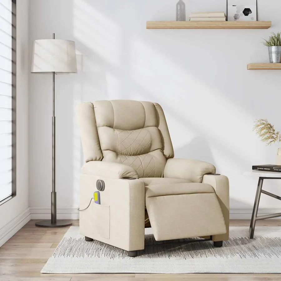 Fauteuil inclinable de massage électrique crème tissu - 2
