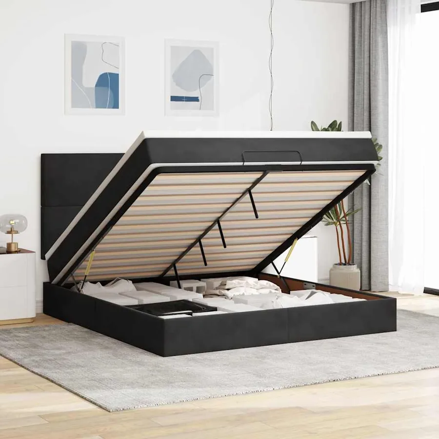 Cadre de lit ottoman avec matelas noir 160x200 cm velours