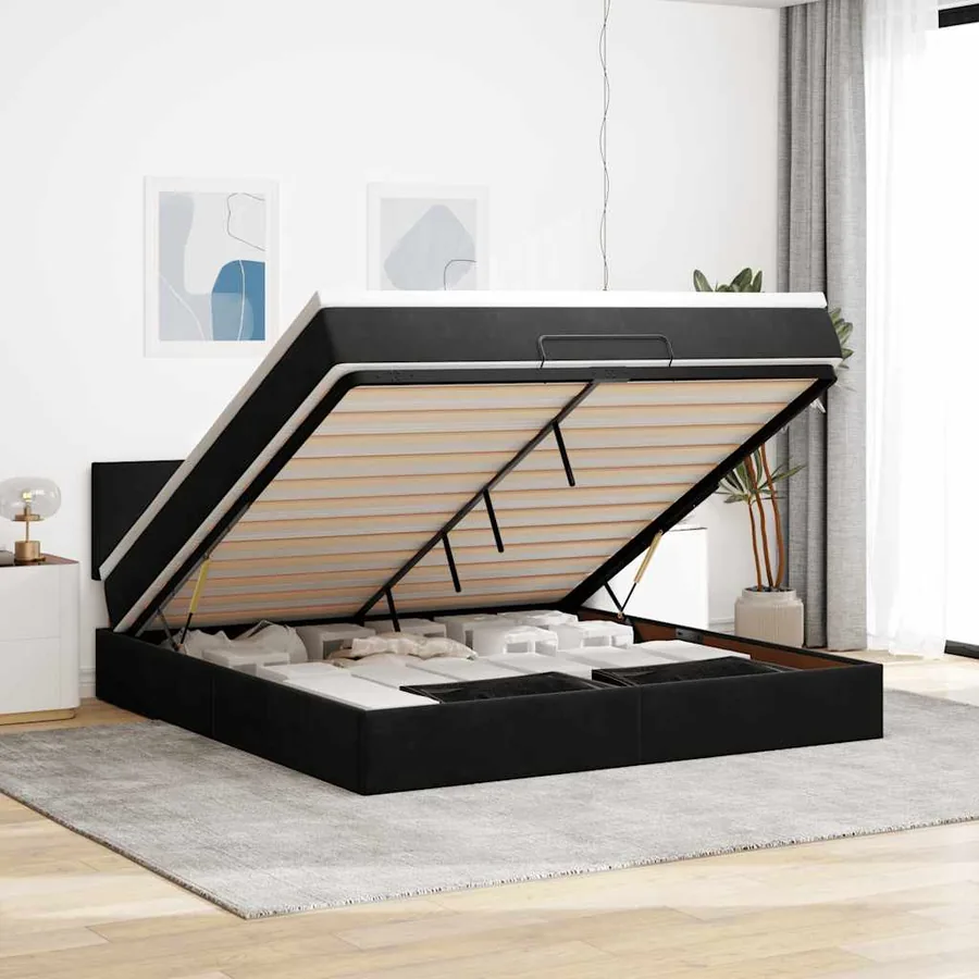 Cadre de lit ottoman avec matelas noir 160x200 cm velours