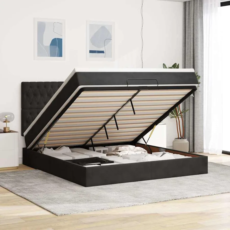 Cadre de lit ottoman avec matelas noir 160x200 cm velours