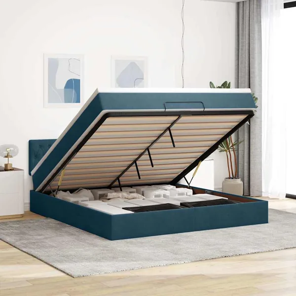 Cadre de lit ottoman avec matelas bleu foncé 160x200 cm velours