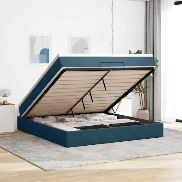 Cadre de lit ottoman avec matelas bleu foncé 160x200 cm velours