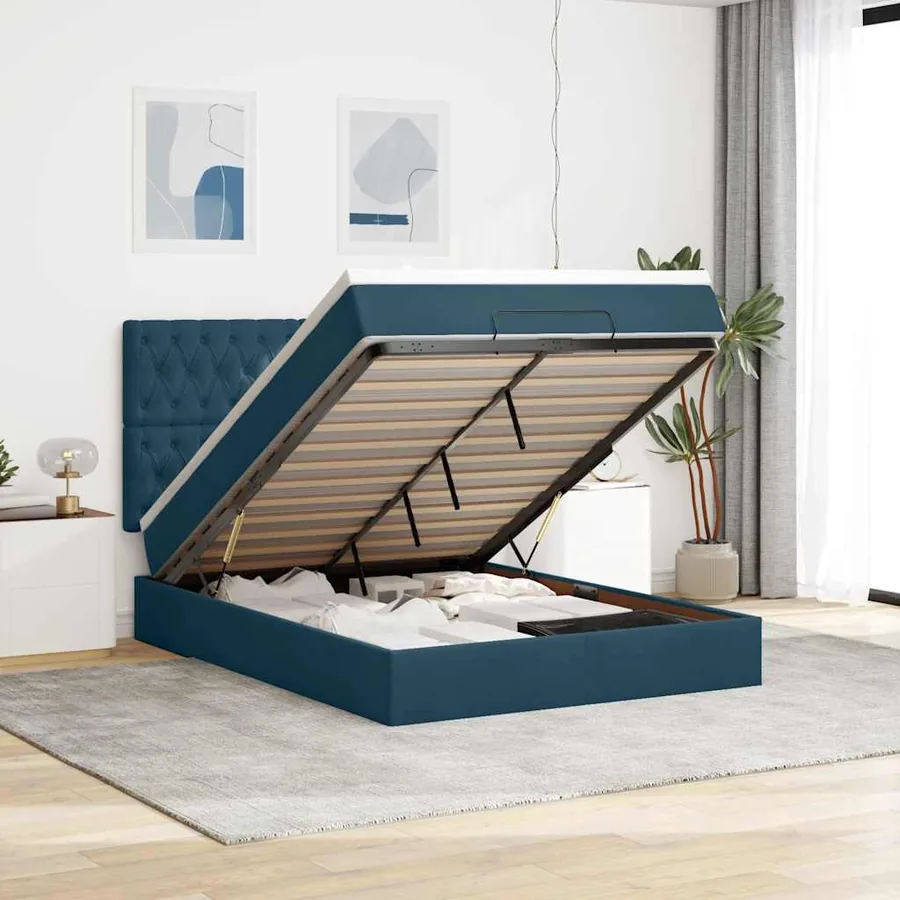 Cadre de lit ottoman avec matelas bleu foncé 140x200 cm velours