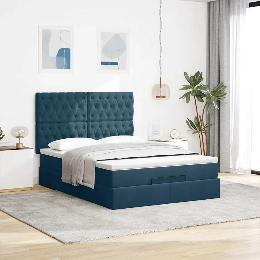 Cadre de lit ottoman avec matelas bleu foncé 140x200 cm velours - 4