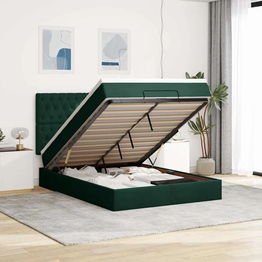 Cadre de lit ottoman avec matelas vert foncé 140x200 cm velours