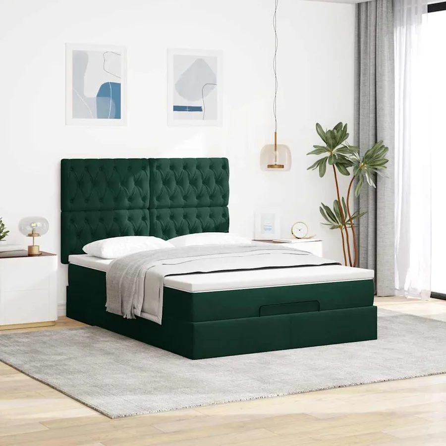 Cadre de lit ottoman avec matelas vert foncé 140x200 cm velours - 4