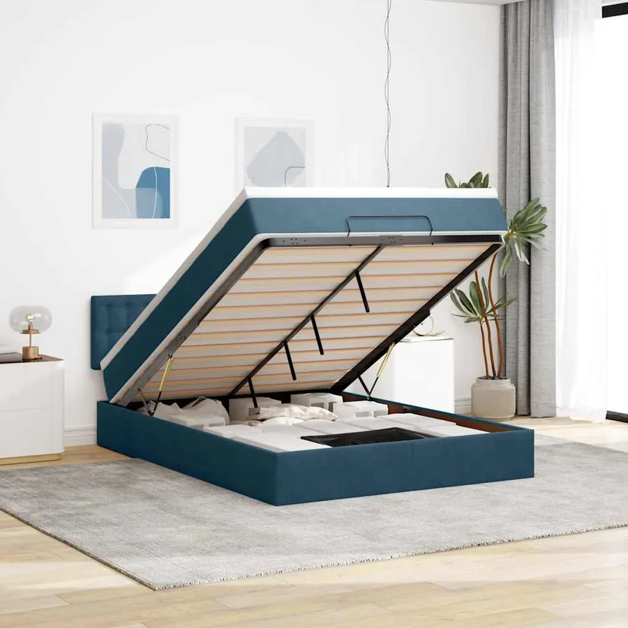 Cadre de lit ottoman avec matelas bleu foncé 140x200 cm velours