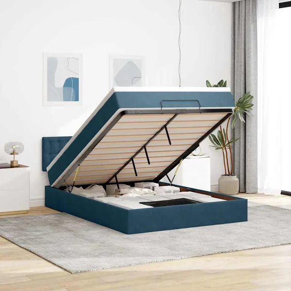 Cadre de lit ottoman avec matelas bleu foncé 140x200 cm velours