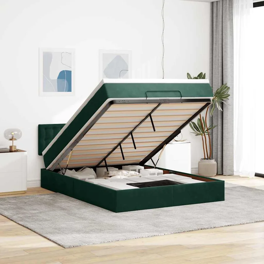 Cadre de lit ottoman avec matelas vert foncé 140x200 cm velours