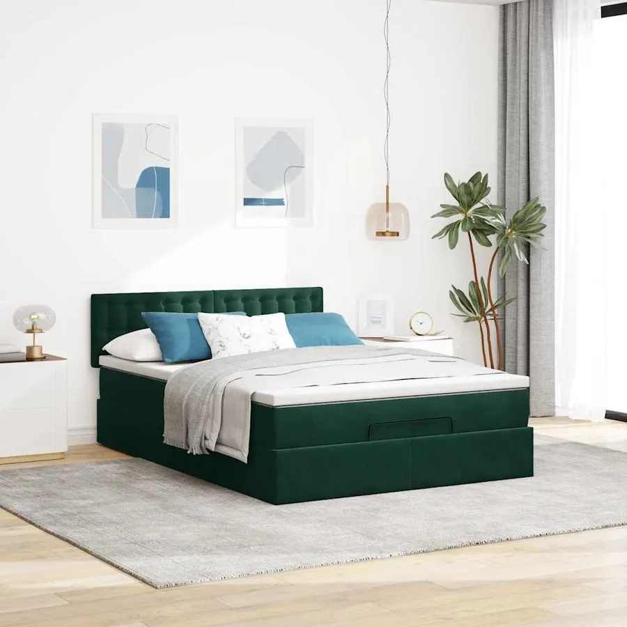 Cadre de lit ottoman avec matelas vert foncé 140x200 cm velours - 4