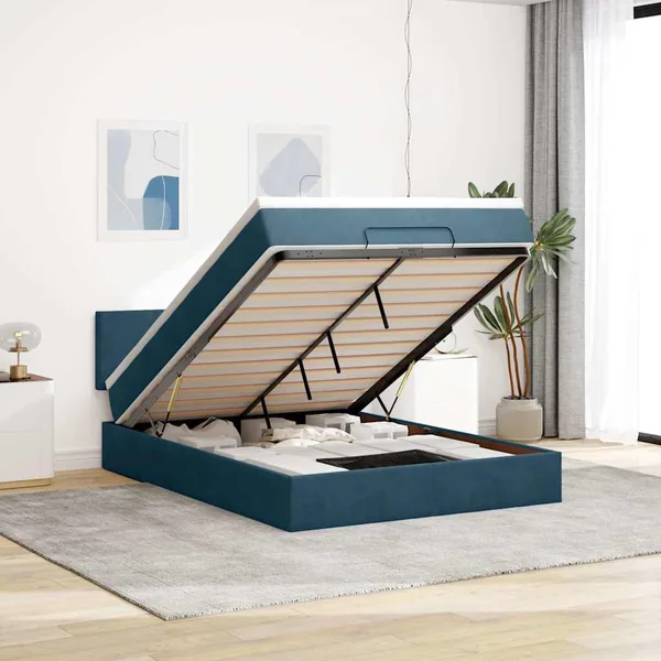 Cadre de lit ottoman avec matelas bleu foncé 140x200 cm velours