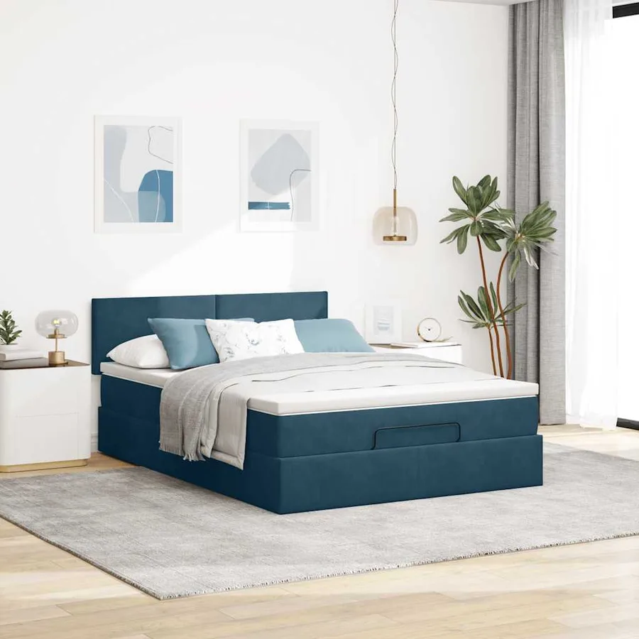 Cadre de lit ottoman avec matelas bleu foncé 140x200 cm velours - 4