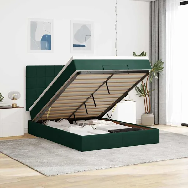 Cadre de lit ottoman avec matelas vert foncé 140x200 cm velours