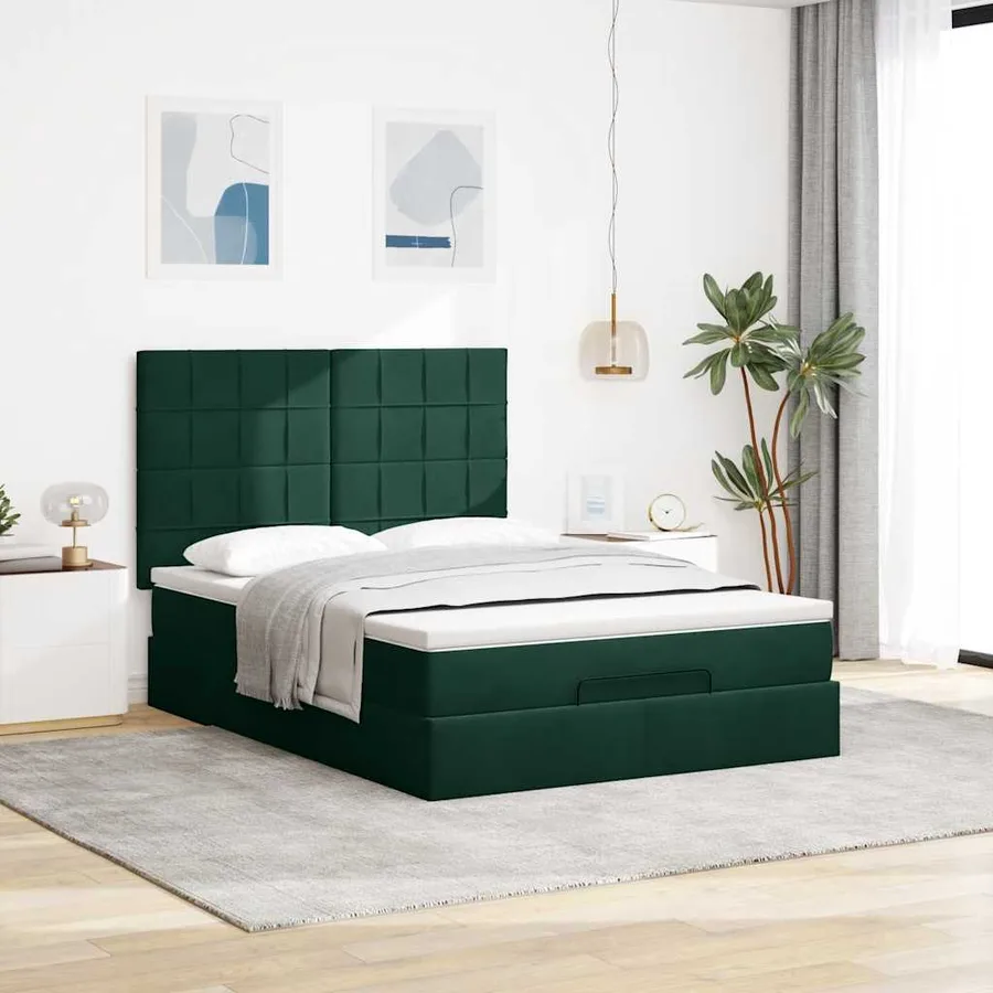 Cadre de lit ottoman avec matelas vert foncé 140x200 cm velours - 3