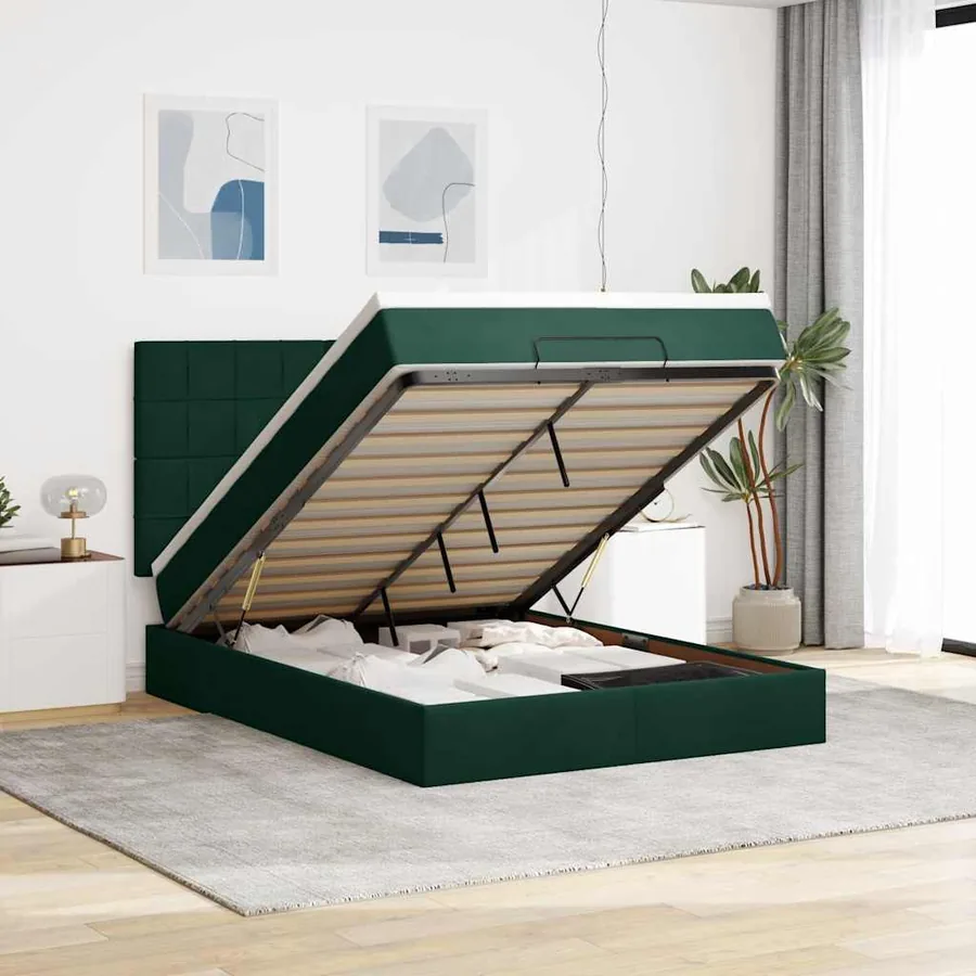 Cadre de lit ottoman avec matelas vert foncé 140x200 cm velours