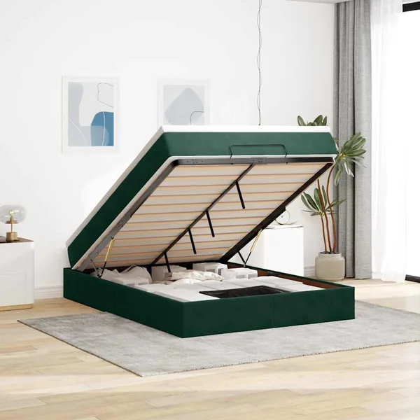 Cadre de lit ottoman avec matelas vert foncé 140x200 cm velours
