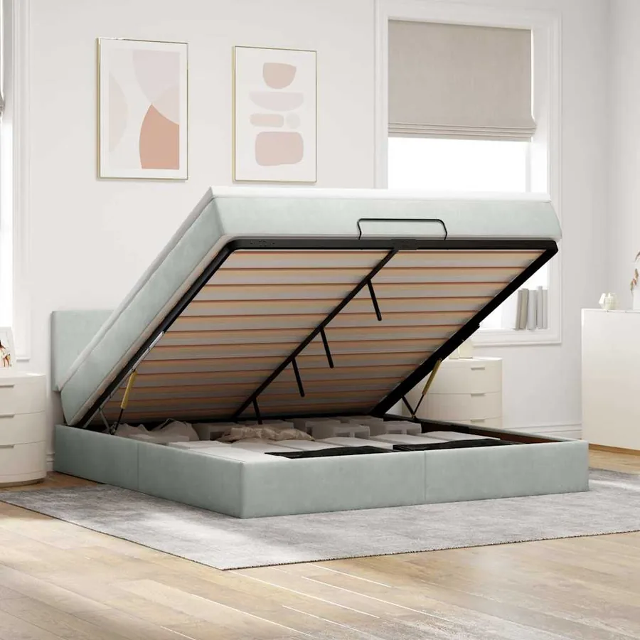 Cadre de lit ottoman avec matelas gris clair 160x200 cm velours