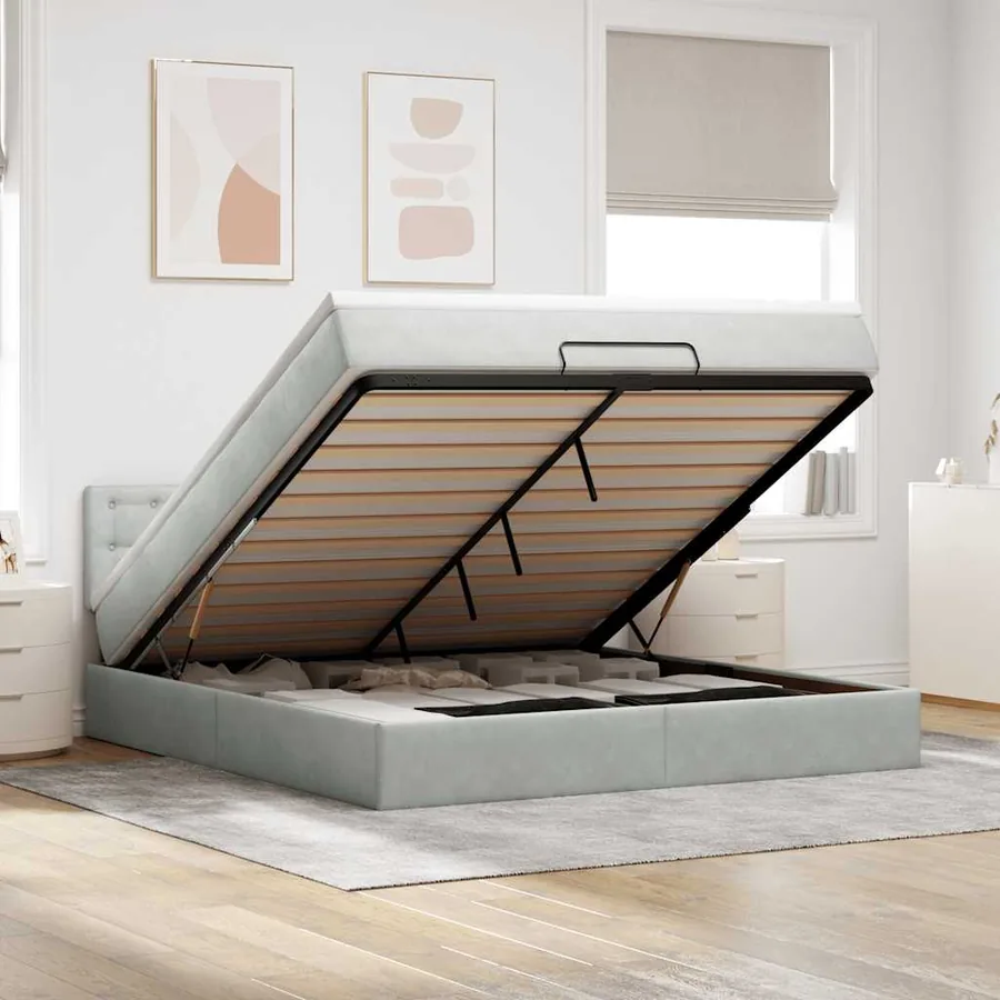 Cadre de lit ottoman avec matelas gris clair 160x200 cm velours