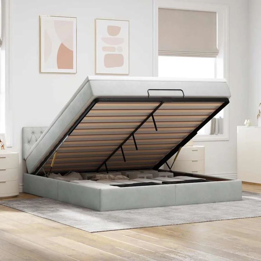 Cadre de lit ottoman avec matelas gris clair 160x200 cm velours