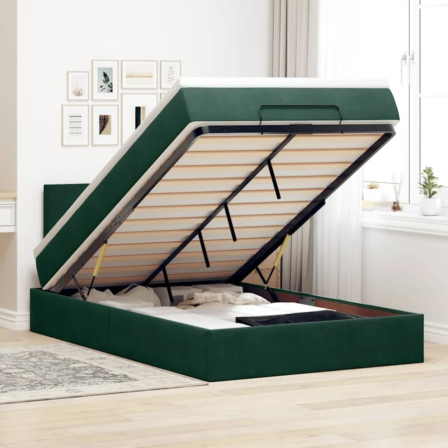 Cadre de lit ottoman avec matelas vert foncé 120x200 cm velours
