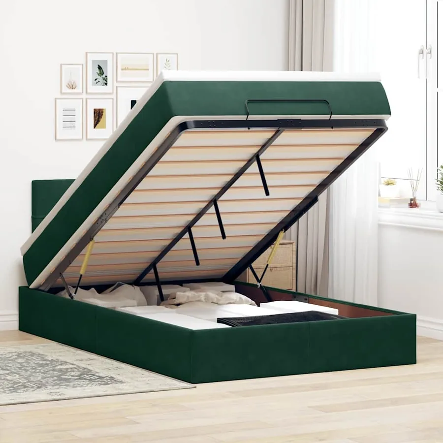 Cadre de lit ottoman avec matelas vert foncé 120x200 cm velours