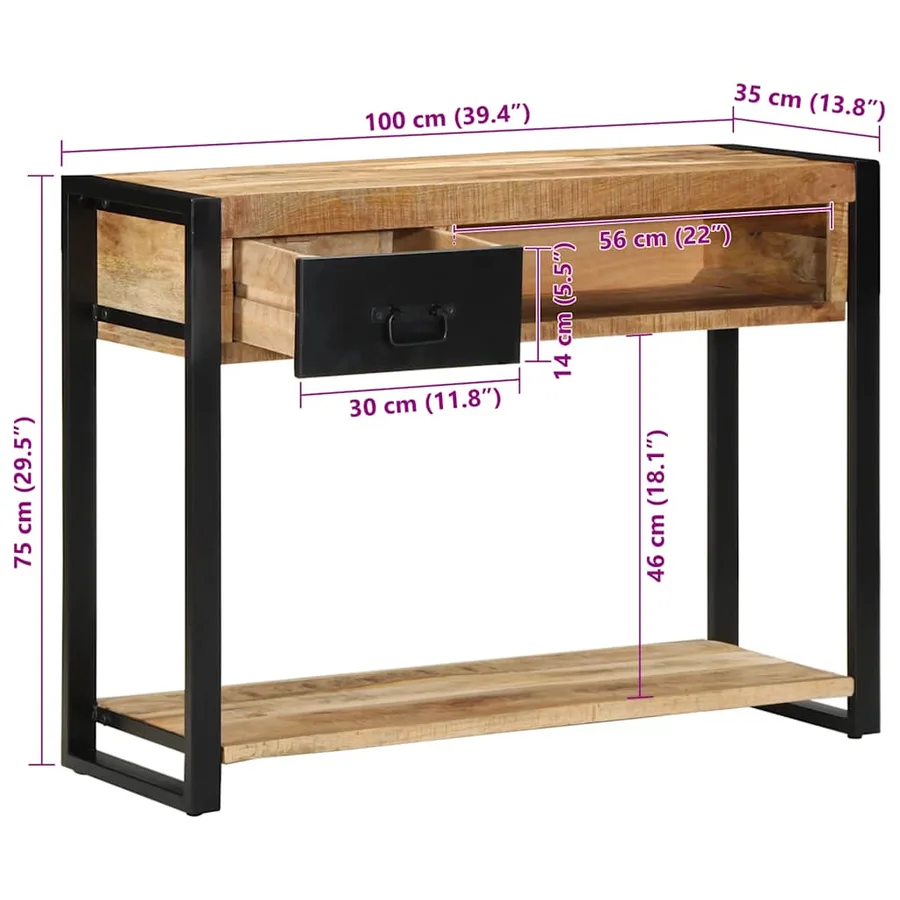 Table console 100x35x75 cm bois de manguier massif brut - 10