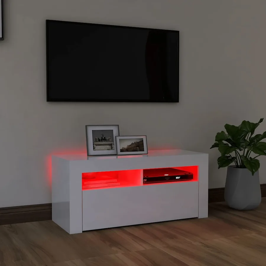 Meuble TV avec lumières LED blanc brillant 90x35x40 cm - 5