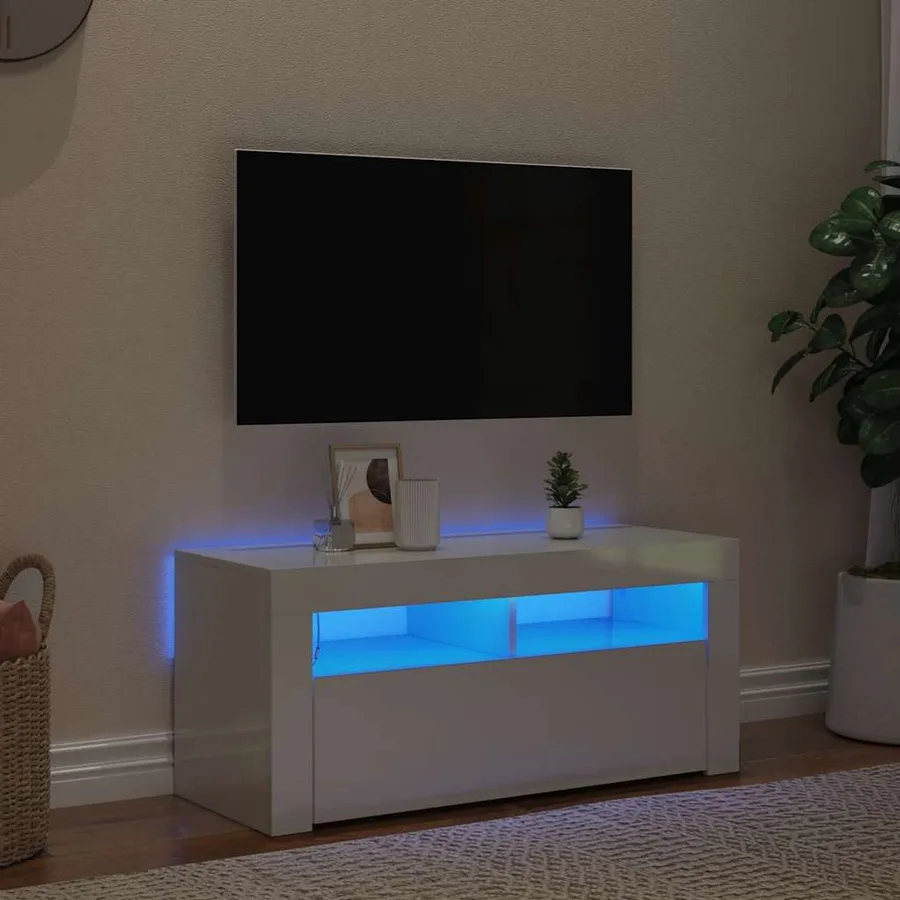 Meuble TV avec lumières LED blanc brillant 90x35x40 cm - 6