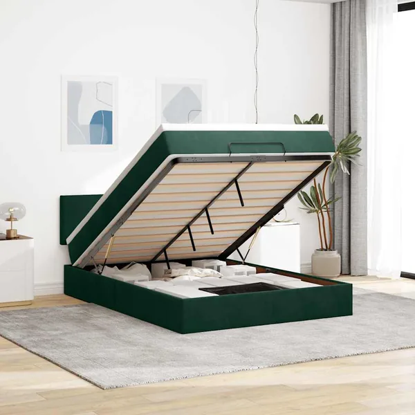 Cadre de lit ottoman avec matelas vert foncé 140x190 cm velours