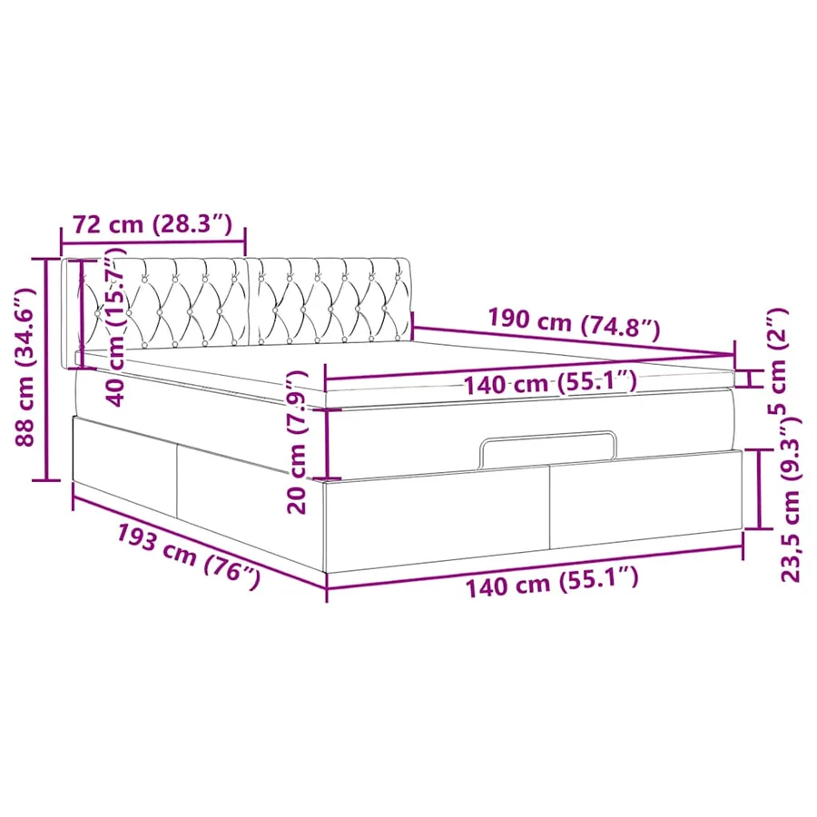Cadre de lit ottoman avec matelas rose 140x190 cm velours - 16
