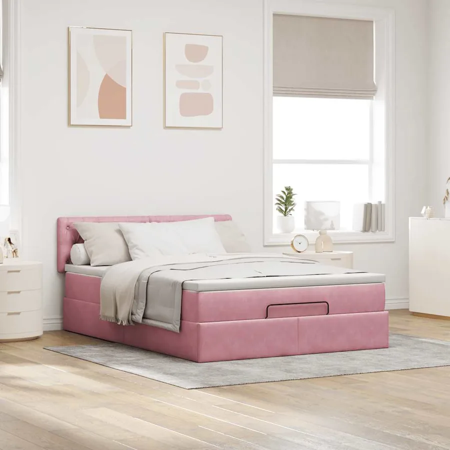 Cadre de lit ottoman avec matelas rose 140x190 cm velours - 4