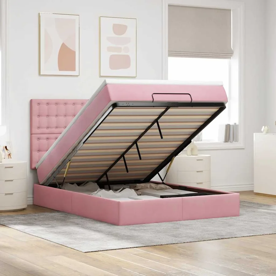 Cadre de lit ottoman avec matelas rose 140x190 cm velours